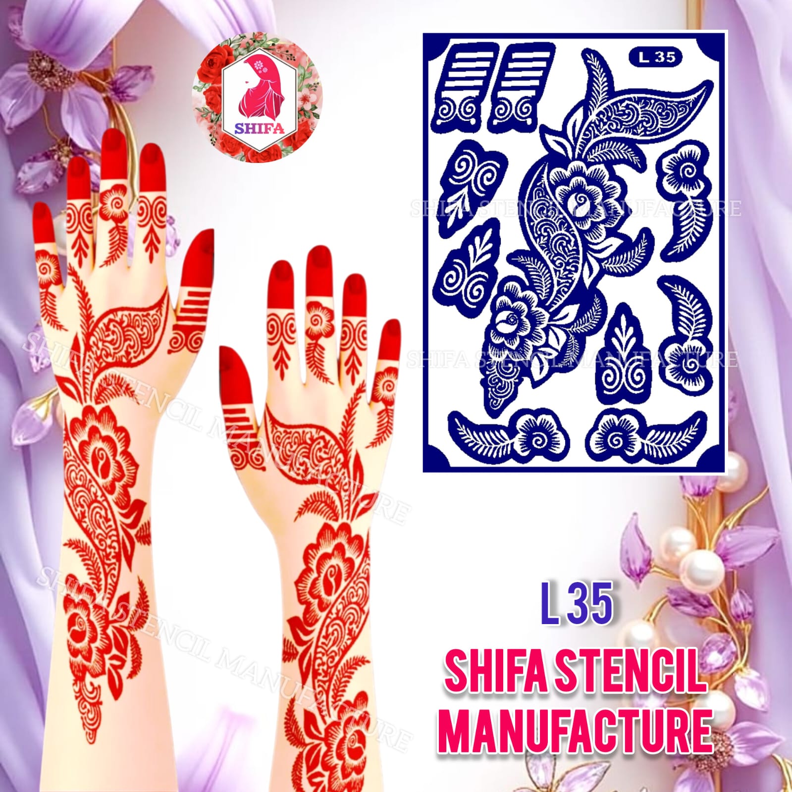 L35 – Paisley Bloom Fusion Sticker Overview Henna Stencil - Shifa Stencil